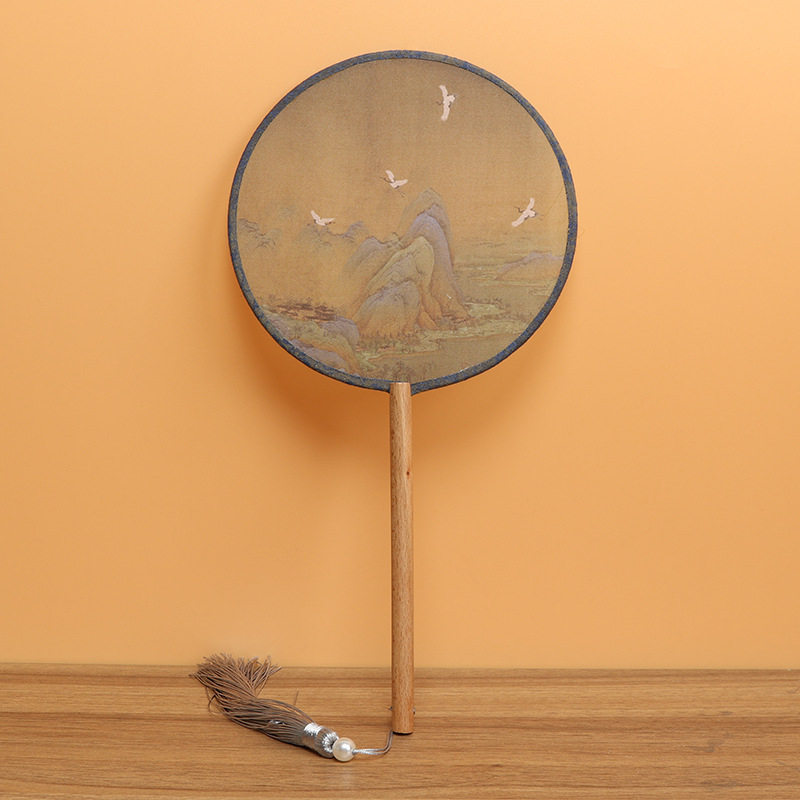 Детски зелен кръгъл вентилатор, хиляди мили, фигурка Jiangshan, малък кръгъл вентилатор за възрастни, античен танцов вентилатор Hanfu, вентилатор Cheongsam на едро