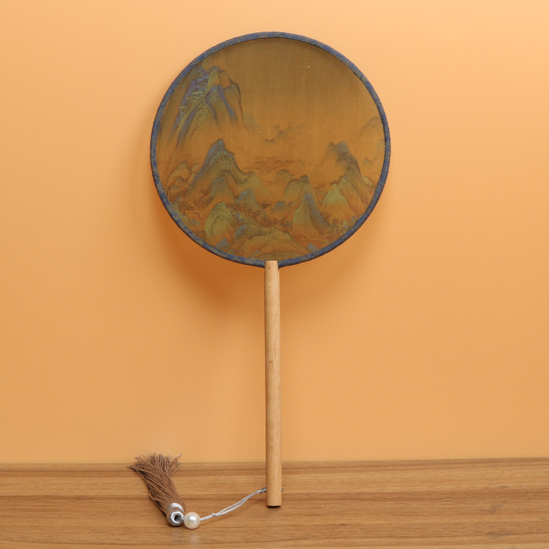 Детски зелен кръгъл вентилатор, хиляди мили, фигурка Jiangshan, малък кръгъл вентилатор за възрастни, античен танцов вентилатор Hanfu, вентилатор Cheongsam на едро