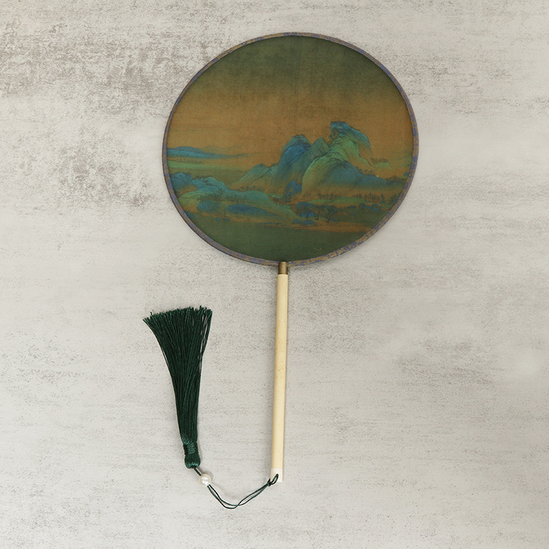 Детски зелен кръгъл вентилатор, хиляди мили, фигурка Jiangshan, малък кръгъл вентилатор за възрастни, античен танцов вентилатор Hanfu, вентилатор Cheongsam на едро