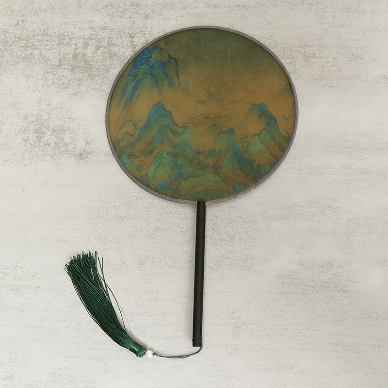 Детски зелен кръгъл вентилатор, хиляди мили, фигурка Jiangshan, малък кръгъл вентилатор за възрастни, античен танцов вентилатор Hanfu, вентилатор Cheongsam на едро