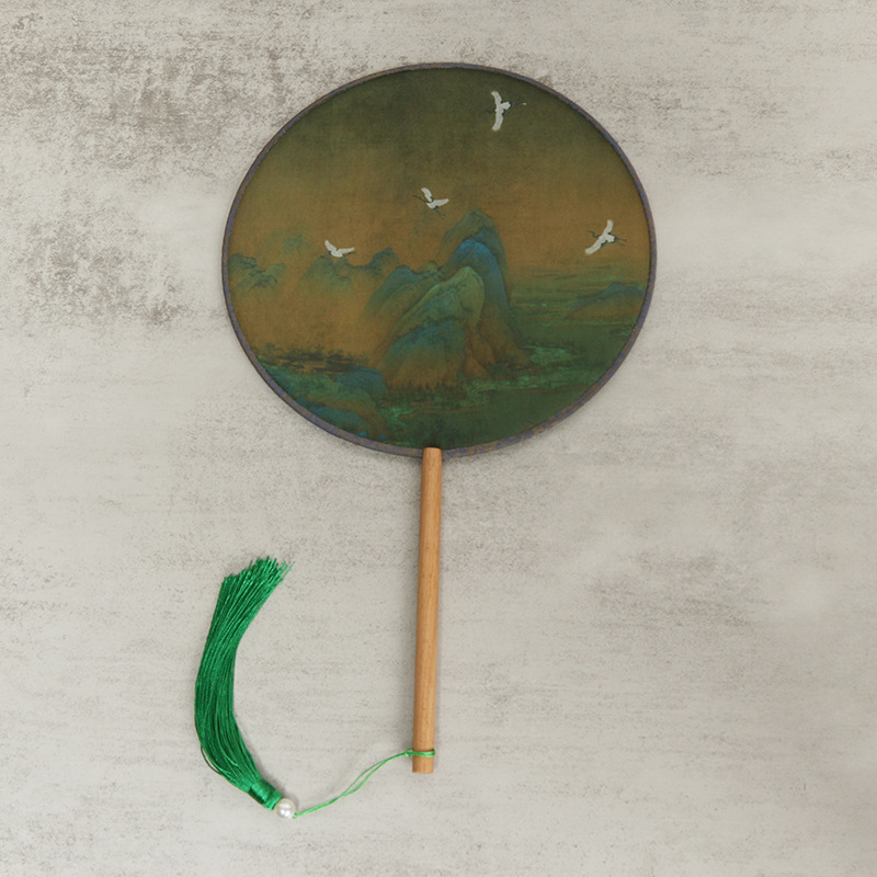 Детски зелен кръгъл вентилатор, хиляди мили, фигурка Jiangshan, малък кръгъл вентилатор за възрастни, античен танцов вентилатор Hanfu, вентилатор Cheongsam на едро
