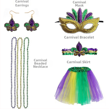 Бразилски карнавал, златисто лилаво зелено, полумаска за лице, лента за глава, аксесоари за коса, лента за коса с перо, трицветни мъниста, марля, пола, обеци, костюм
