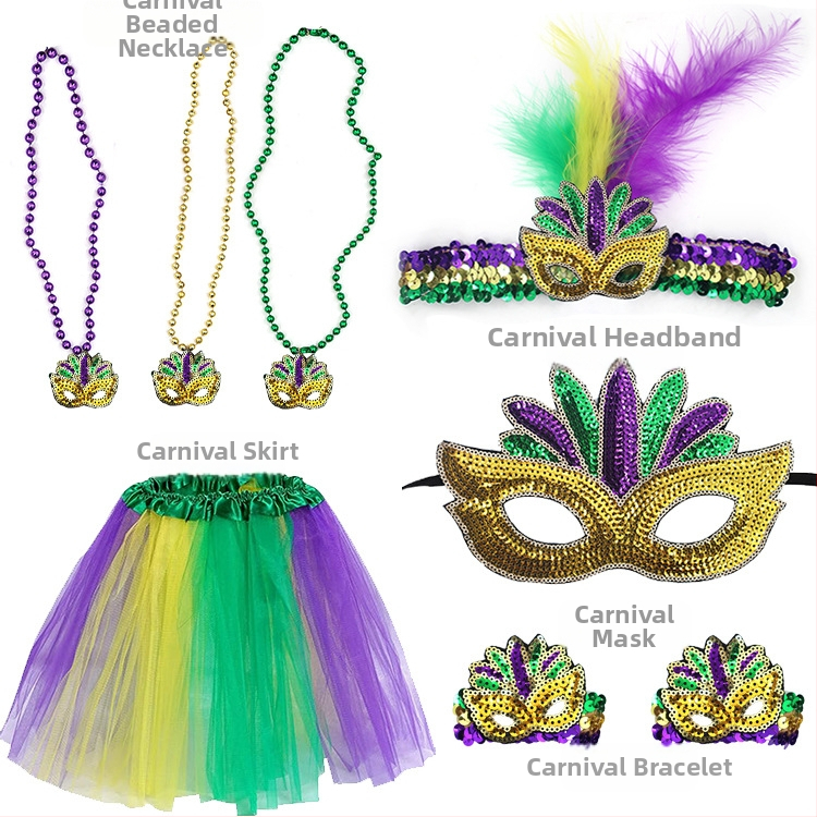 Бразилски карнавал, златисто лилаво зелено, полумаска за лице, лента за глава, аксесоари за коса, лента за коса с перо, трицветни мъниста, марля, пола, обеци, костюм
