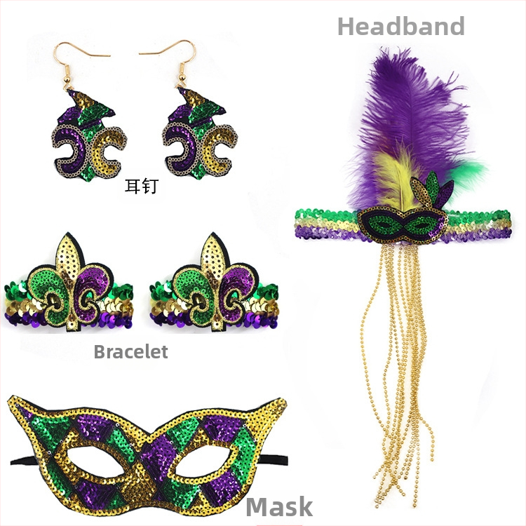 Бразилски карнавал, златисто лилаво зелено, полумаска за лице, лента за глава, аксесоари за коса, лента за коса с перо, трицветни мъниста, марля, пола, обеци, костюм