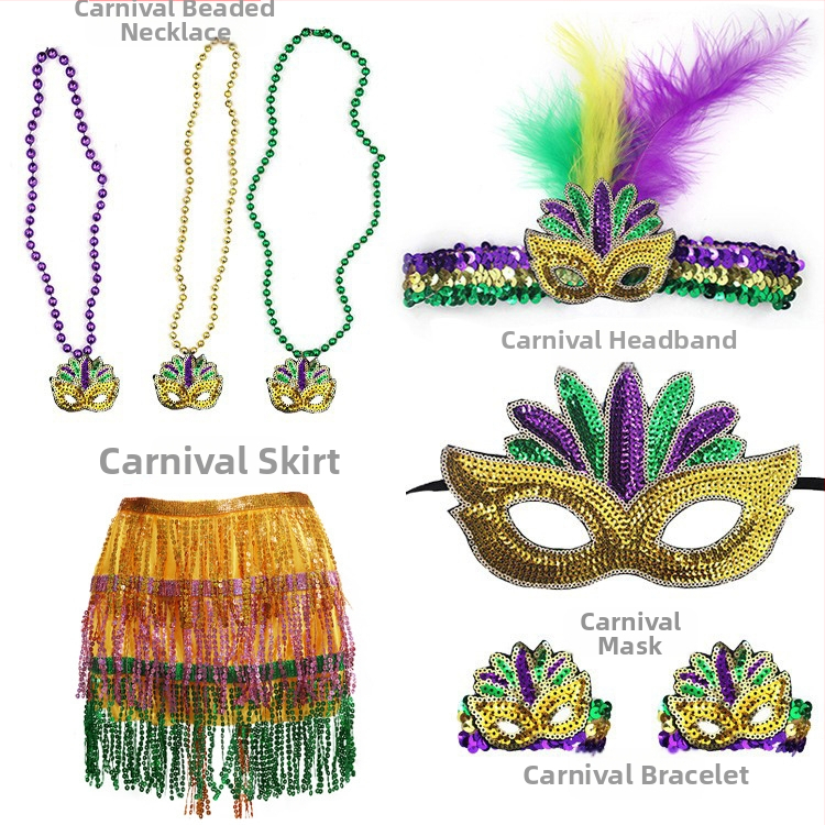 Бразилски карнавал, златисто лилаво зелено, полумаска за лице, лента за глава, аксесоари за коса, лента за коса с перо, трицветни мъниста, марля, пола, обеци, костюм