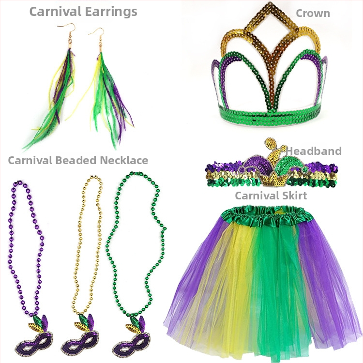 Бразилски карнавал, златисто лилаво зелено, полумаска за лице, лента за глава, аксесоари за коса, лента за коса с перо, трицветни мъниста, марля, пола, обеци, костюм