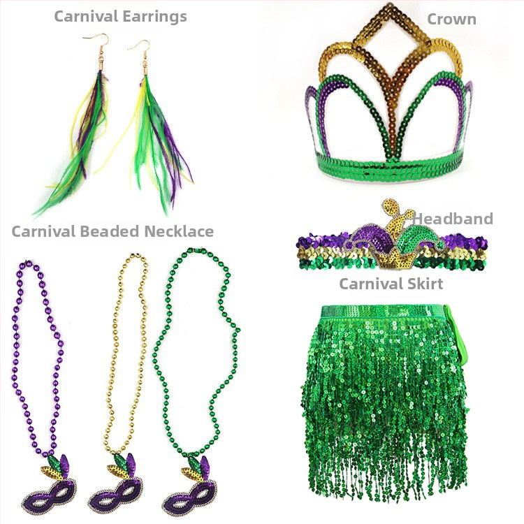 Бразилски карнавал, златисто лилаво зелено, полумаска за лице, лента за глава, аксесоари за коса, лента за коса с перо, трицветни мъниста, марля, пола, обеци, костюм