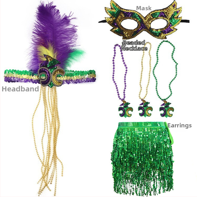 Бразилски карнавал, златисто лилаво зелено, полумаска за лице, лента за глава, аксесоари за коса, лента за коса с перо, трицветни мъниста, марля, пола, обеци, костюм