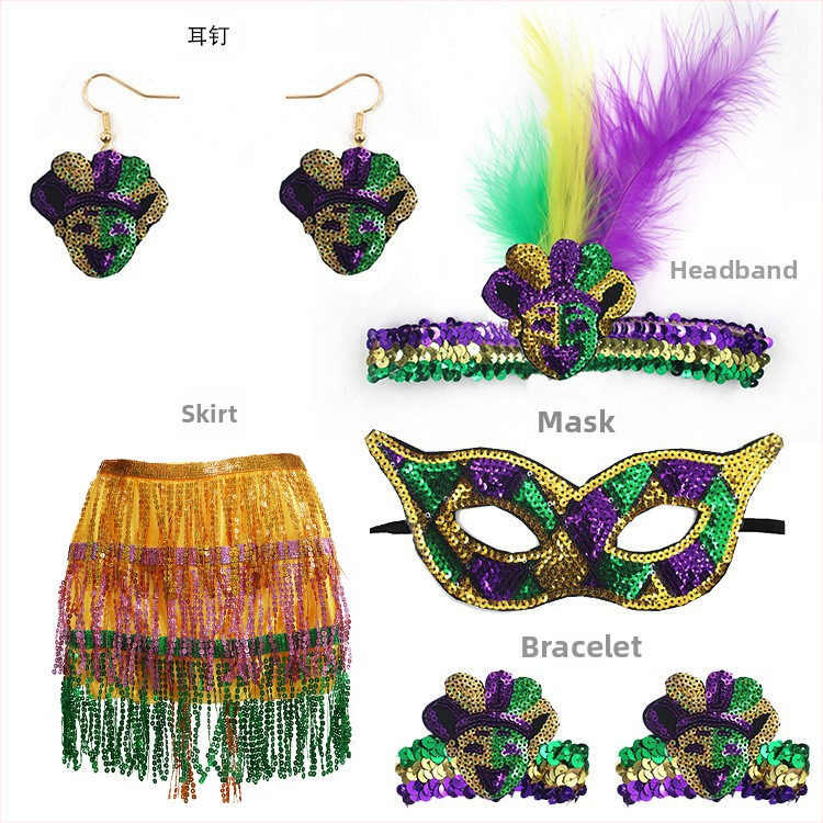 Бразилски карнавал, златисто лилаво зелено, полумаска за лице, лента за глава, аксесоари за коса, лента за коса с перо, трицветни мъниста, марля, пола, обеци, костюм