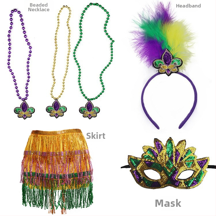 Бразилски карнавал, златисто лилаво зелено, полумаска за лице, лента за глава, аксесоари за коса, лента за коса с перо, трицветни мъниста, марля, пола, обеци, костюм