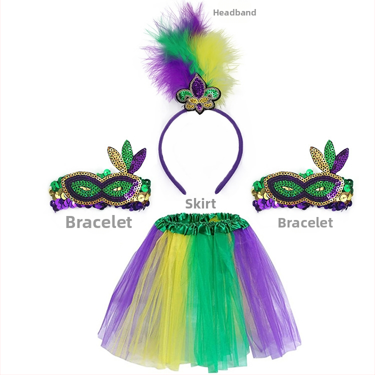 Бразилски карнавал, златисто лилаво зелено, полумаска за лице, лента за глава, аксесоари за коса, лента за коса с перо, трицветни мъниста, марля, пола, обеци, костюм