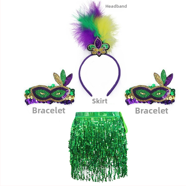 Бразилски карнавал, златисто лилаво зелено, полумаска за лице, лента за глава, аксесоари за коса, лента за коса с перо, трицветни мъниста, марля, пола, обеци, костюм