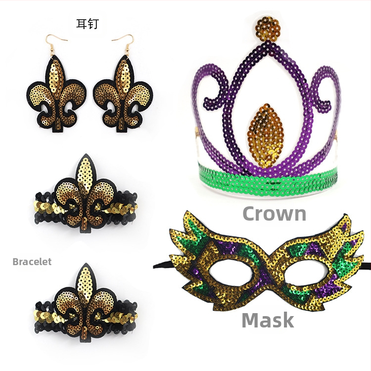 Бразилски карнавал, златисто лилаво зелено, полумаска за лице, лента за глава, аксесоари за коса, лента за коса с перо, трицветни мъниста, марля, пола, обеци, костюм