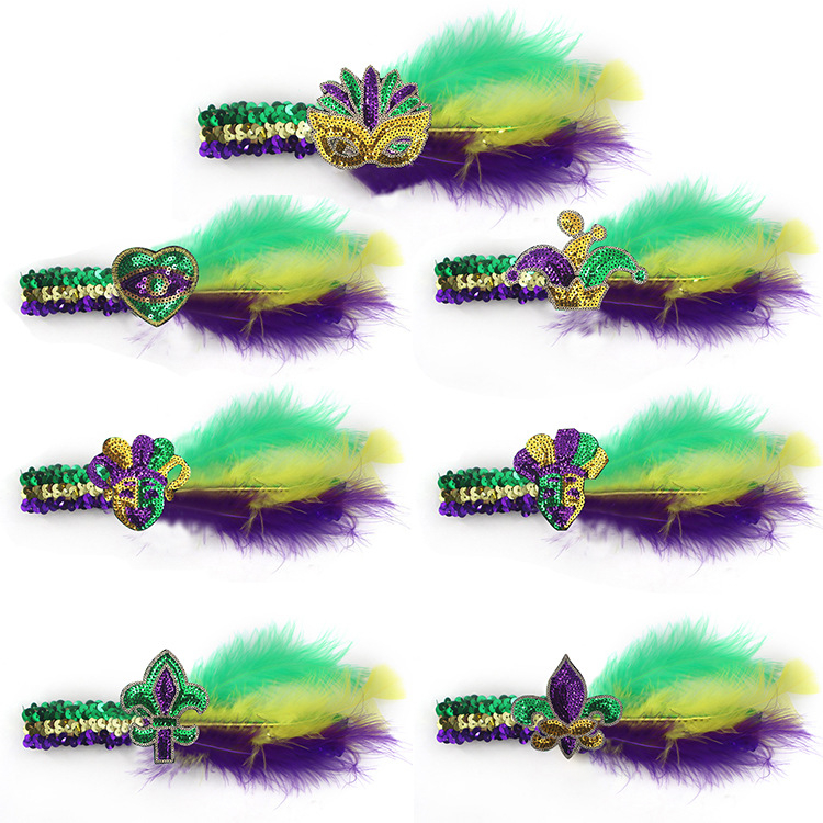 Бразилски карнавал, златисто лилаво зелено, полумаска за лице, лента за глава, аксесоари за коса, лента за коса с перо, трицветни мъниста, марля, пола, обеци, костюм