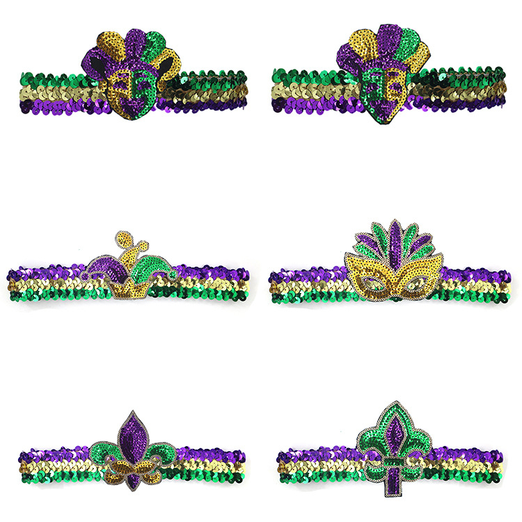 Бразилски карнавал, златисто лилаво зелено, полумаска за лице, лента за глава, аксесоари за коса, лента за коса с перо, трицветни мъниста, марля, пола, обеци, костюм