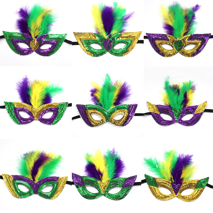 Бразилски карнавал, златисто лилаво зелено, полумаска за лице, лента за глава, аксесоари за коса, лента за коса с перо, трицветни мъниста, марля, пола, обеци, костюм