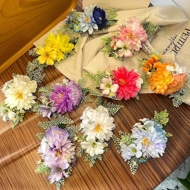 Naujos nuotakos Mori stiliaus dirbtinių gėlių plaukų šukos paplūdimio atostogų nuotraukoms, galvos apdangalai, blizgančios šoninės plaukų šukos, plaukų segtukai, plaukų aksesuarai moterims