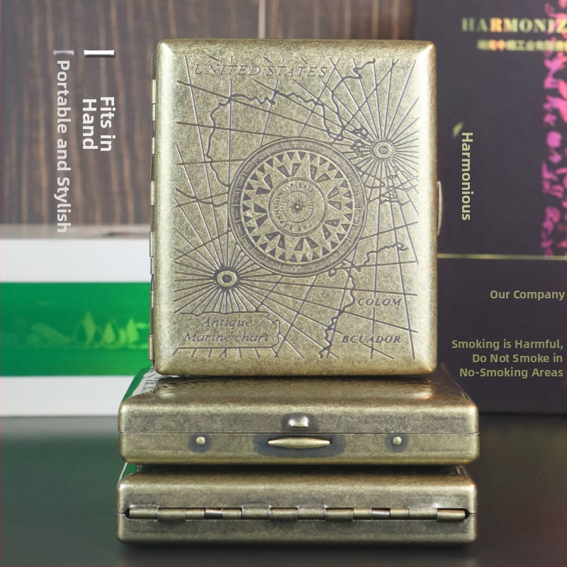 Нов комплект за цигари с бронзов кондензиран цвят, 20 броя, имитация на мед, с отварящ се капак, гравиран и издълбан, устойчив на налягане и прах.