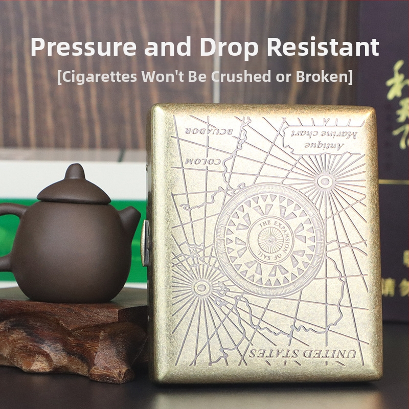 Нов комплект за цигари с бронзов кондензиран цвят, 20 броя, имитация на мед, с отварящ се капак, гравиран и издълбан, устойчив на налягане и прах.