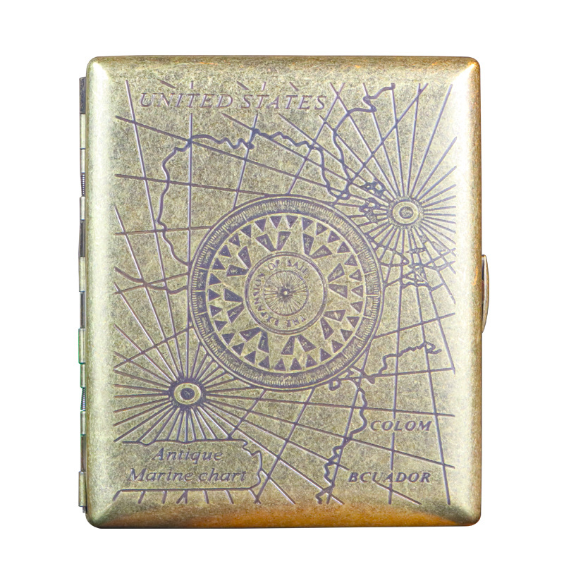 Uus pronksist kondenslillega 20-pakk metallist vasekimitatsiooniga sigaretikarpi, klapiga kinkekarbis, nikerdatud ja graveeritud, rõhukindel ja tolmukindel suitsetamiskomplekt