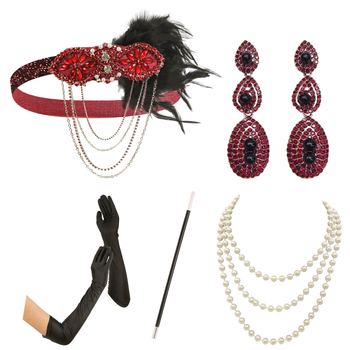 Комплект за жени с червени пера от европейски и американски стил от 20-те години на миналия век, комбиниран с празнично парти, маскарадно облекло и аксесоари