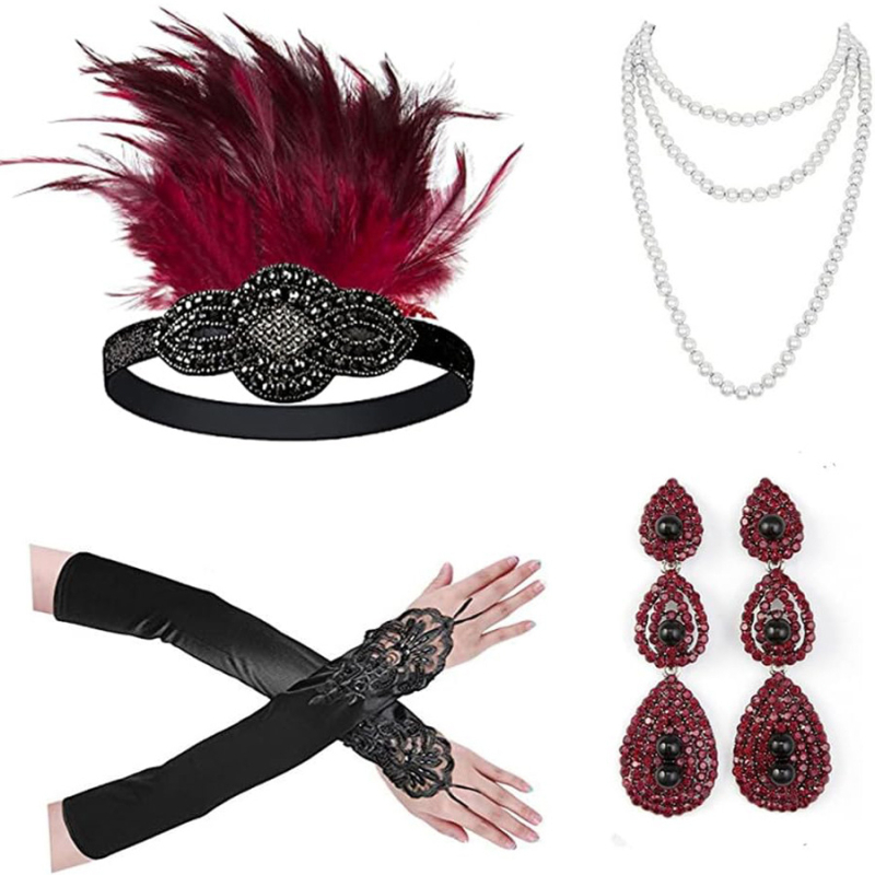 Комплект за жени с червени пера от европейски и американски стил от 20-те години на миналия век, комбиниран с празнично парти, маскарадно облекло и аксесоари