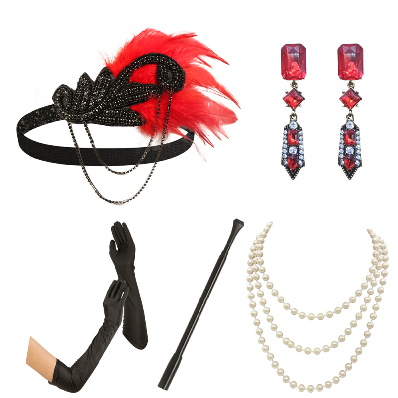 Комплект за жени с червени пера от европейски и американски стил от 20-те години на миналия век, комбиниран с празнично парти, маскарадно облекло и аксесоари