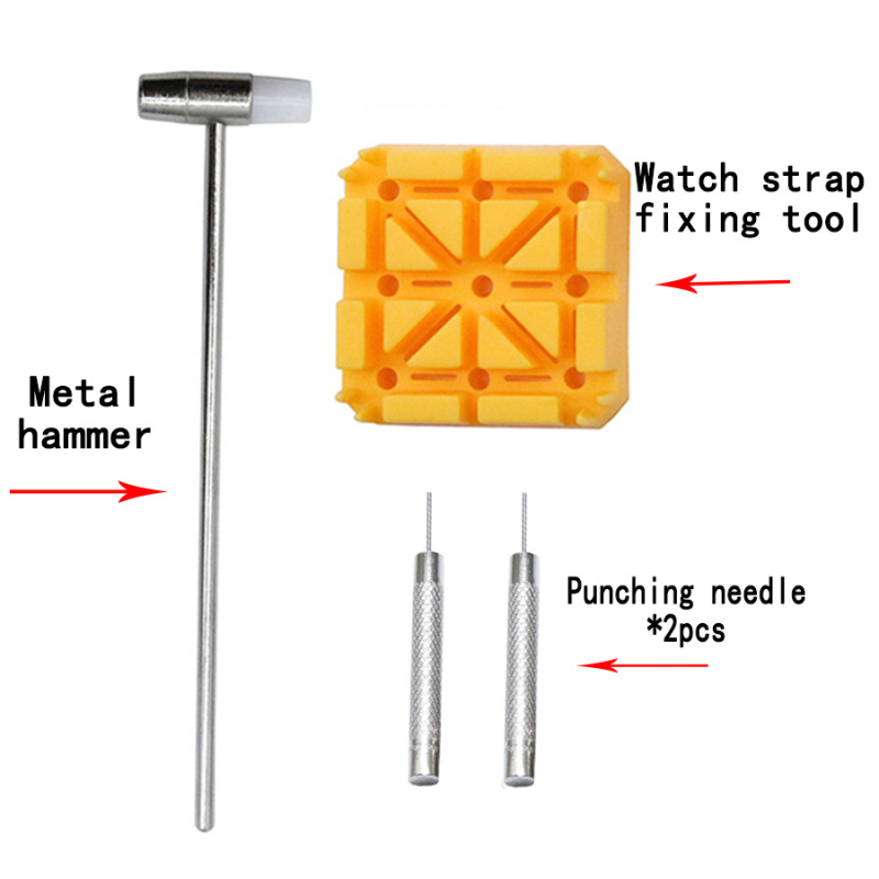 Órajavító eszköz 4 az 1-ben digitális óraszíj készlet eltávolító fém kalapács két lyukasztó tű sárga rizs ülés