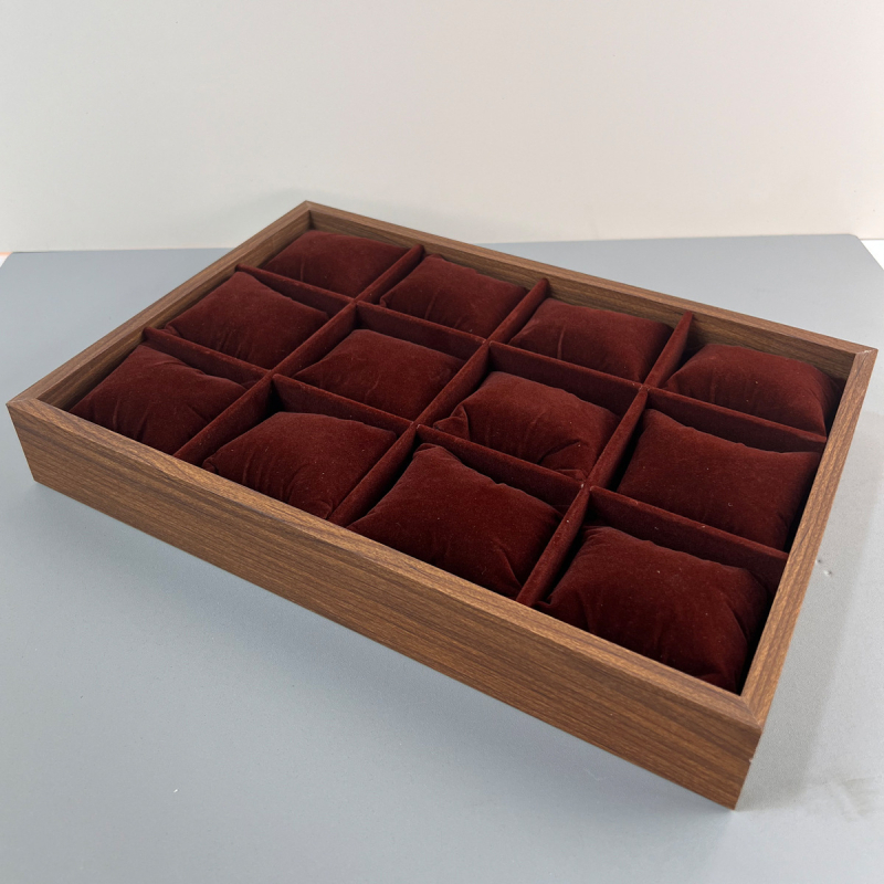 Originaalne puidust raamiga flanellist kella vitriinkapp, käevõru, käevõru vitriinkapp, 12 karpiga ehtetaldrik, puidust hoiualus