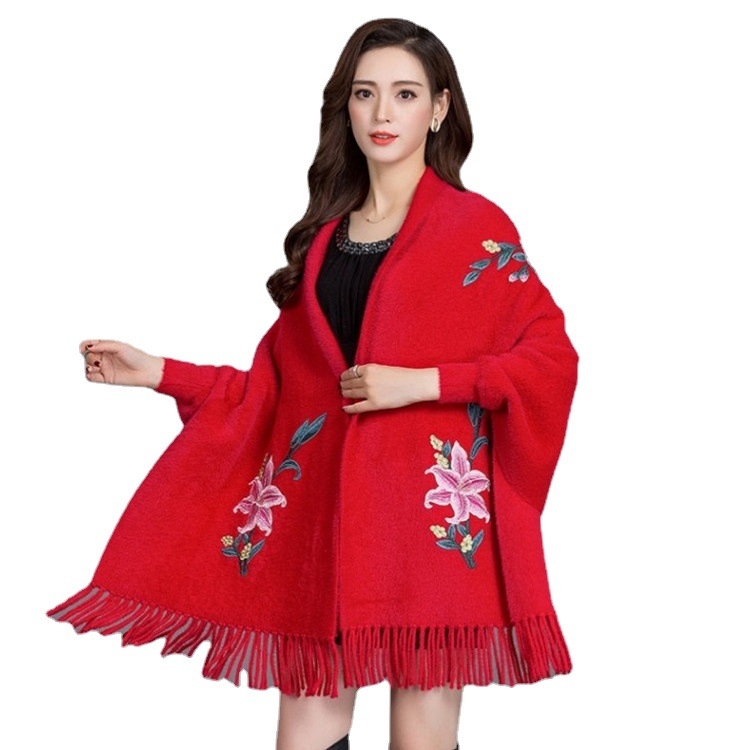 2025 Tavaszi és őszi nercbőr bársony női kötött kardigán kendő hímzett, középhosszú, bojtos köpeny, cheongsam meleg kabáttal kombinálva