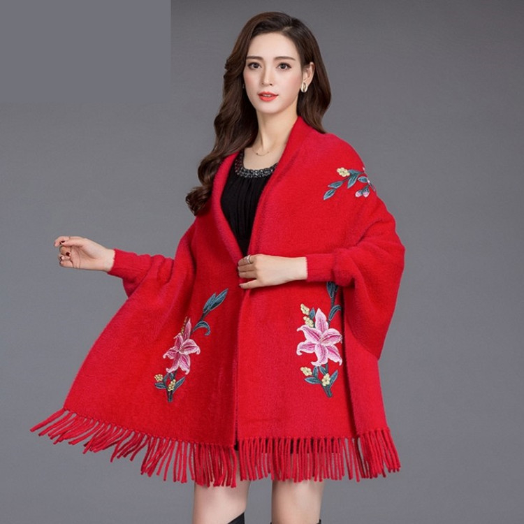 2025 Tavaszi és őszi nercbőr bársony női kötött kardigán kendő hímzett, középhosszú, bojtos köpeny, cheongsam meleg kabáttal kombinálva
