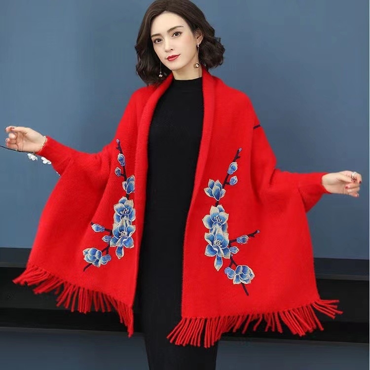 2025 Tavaszi és őszi nercbőr bársony női kötött kardigán kendő hímzett, középhosszú, bojtos köpeny, cheongsam meleg kabáttal kombinálva