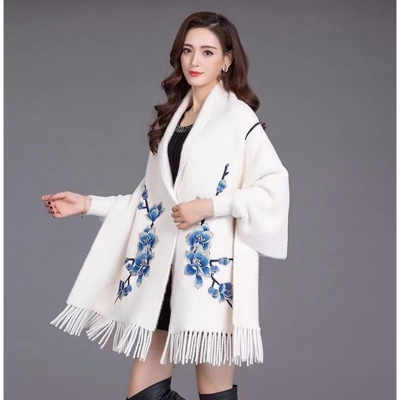 2025 Tavaszi és őszi nercbőr bársony női kötött kardigán kendő hímzett, középhosszú, bojtos köpeny, cheongsam meleg kabáttal kombinálva