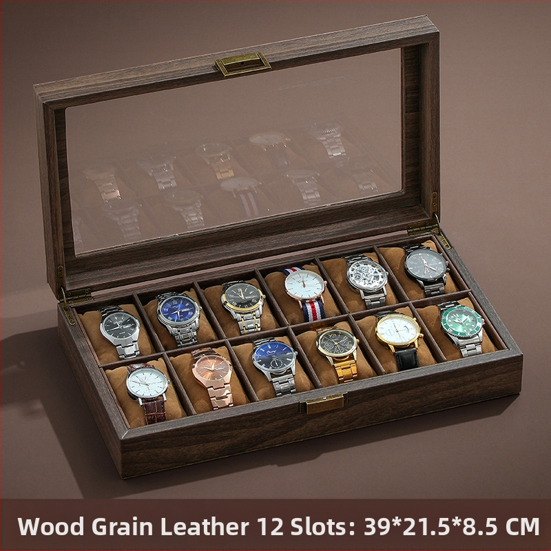 Vintažinio medžio tekstūros odos laikrodžių laikymo dėžutė, daugiafunkcinė laikrodžių dėžutė, aukščiausios klasės riešinių laikrodžių mechaninių laikrodžių papuošalų dėžutė namams, didelė talpa