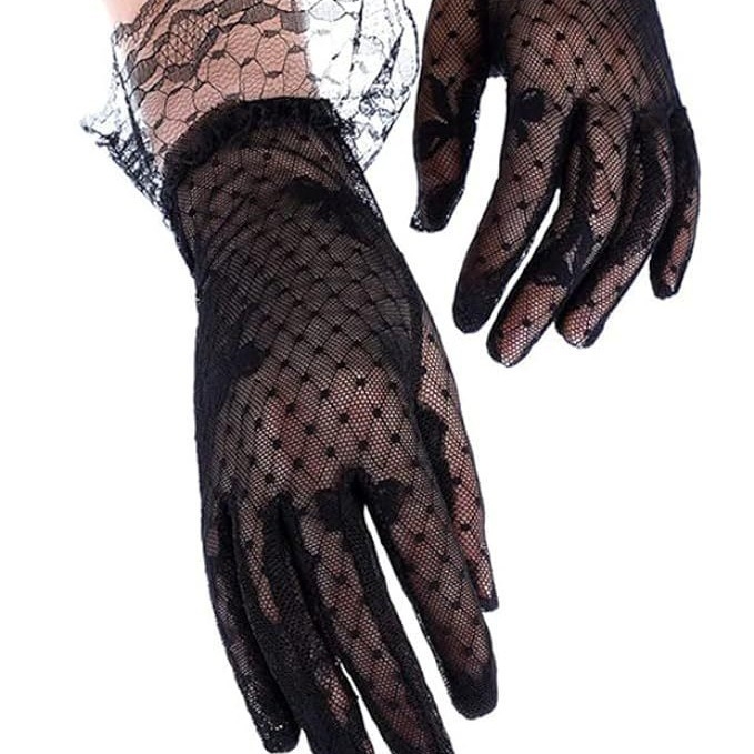 Moteriškos vasarinės pirštinės nuo saulės su tinklelio kaspinu, juodos nėrinių iškylos pirštinės, nuotakos ir vestuvių pirštinės