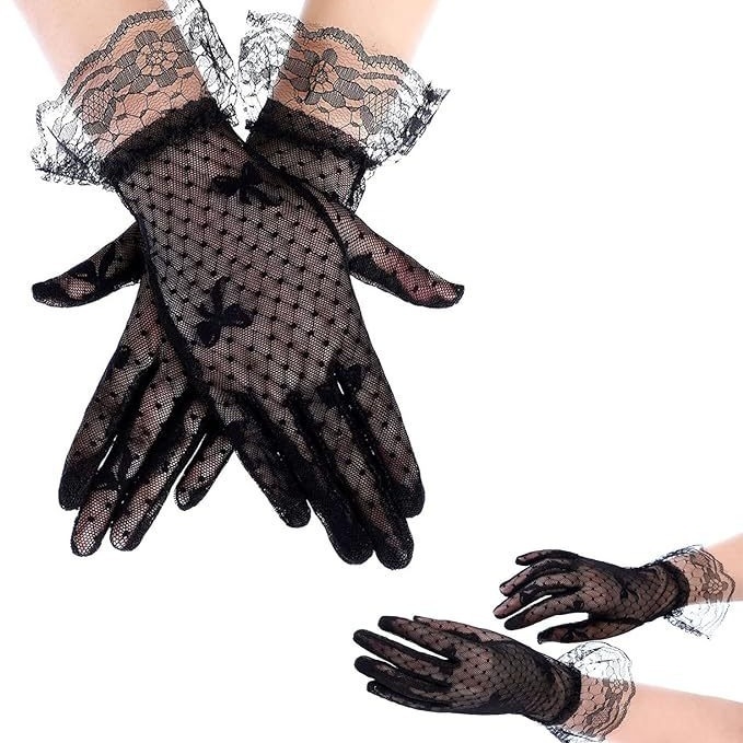 Moteriškos vasarinės pirštinės nuo saulės su tinklelio kaspinu, juodos nėrinių iškylos pirštinės, nuotakos ir vestuvių pirštinės