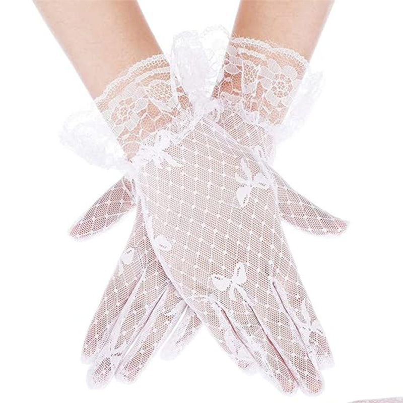 Moteriškos vasarinės pirštinės nuo saulės su tinklelio kaspinu, juodos nėrinių iškylos pirštinės, nuotakos ir vestuvių pirštinės