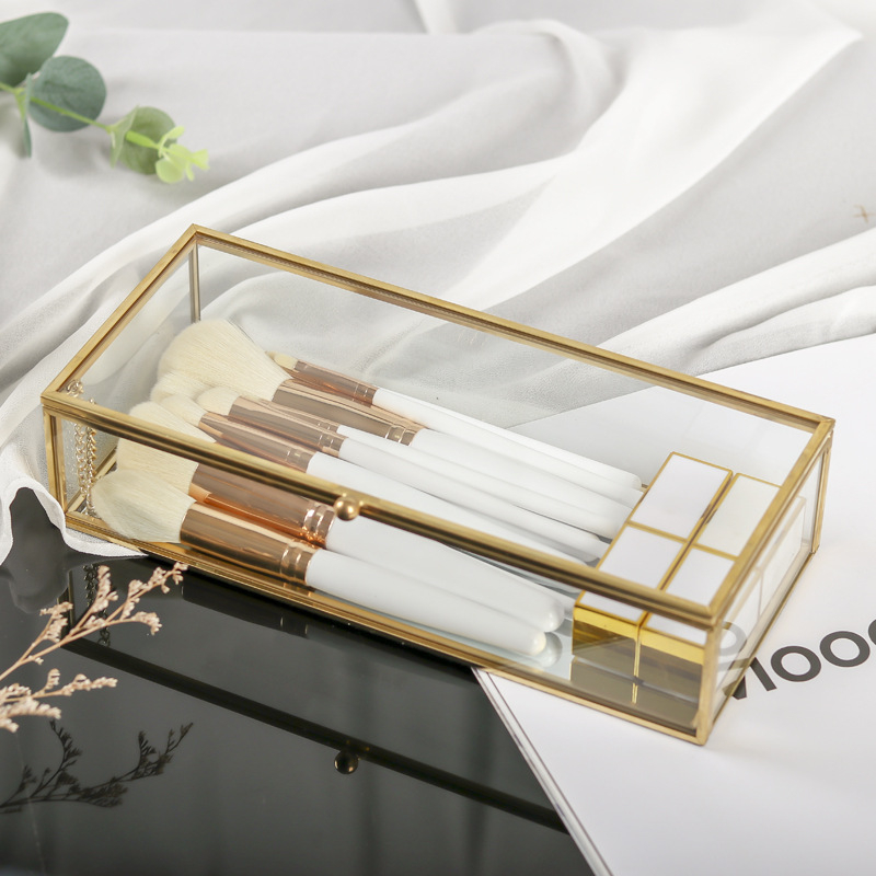 „Ins Style“ stačiakampė, šiaurės žalvario, stiklinė papuošalų dėžutė su dangteliu, atspari dulkėms, maža, išskirtinė, paprasta papuošalų kosmetika