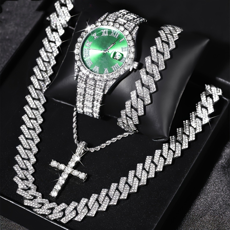 TEMU Robbanékony gyémántokkal kirakott luxus acélszíjas kvarcóra Gyémántokkal kirakott hip-hop kubai karkötő öltönyös karórával