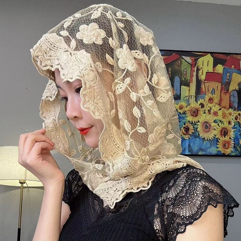 [Tikitud pitsimüts] Elegantne moodne siidist sallimüts, pitsist päikesekaitsemüts, Euroopa ja Ameerika fänn, rasketööstuse tikandid, kõik sobivad välismaise stiiliga