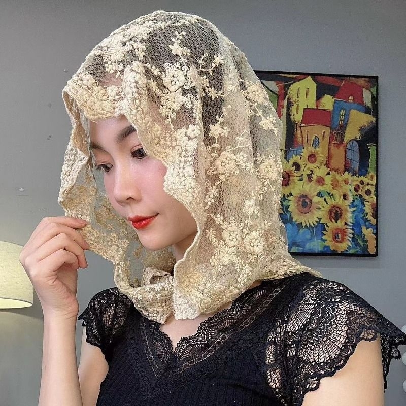 [Tikitud pitsimüts] Elegantne moodne siidist sallimüts, pitsist päikesekaitsemüts, Euroopa ja Ameerika fänn, rasketööstuse tikandid, kõik sobivad välismaise stiiliga