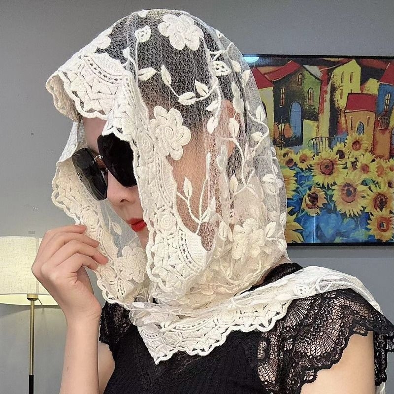 [Tikitud pitsimüts] Elegantne moodne siidist sallimüts, pitsist päikesekaitsemüts, Euroopa ja Ameerika fänn, rasketööstuse tikandid, kõik sobivad välismaise stiiliga