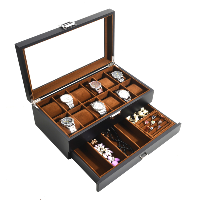 Nauja tarpvalstybinė papuošalų dėžutė, parduodama didmeninėje prekyboje su juodais matiniais dažais, laikrodžių laikymo dėžutė, medinė daugiafunkcinė papuošalų dėžutė.