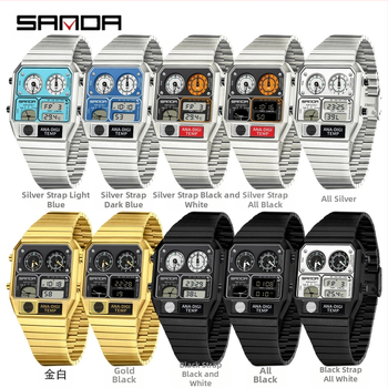 Sanda elektrooniline kell, piiriülene plahvatustermomeetri kronograaf, multifunktsionaalne meeste käekell, retro ruudukujuline veekindel meeste käekell