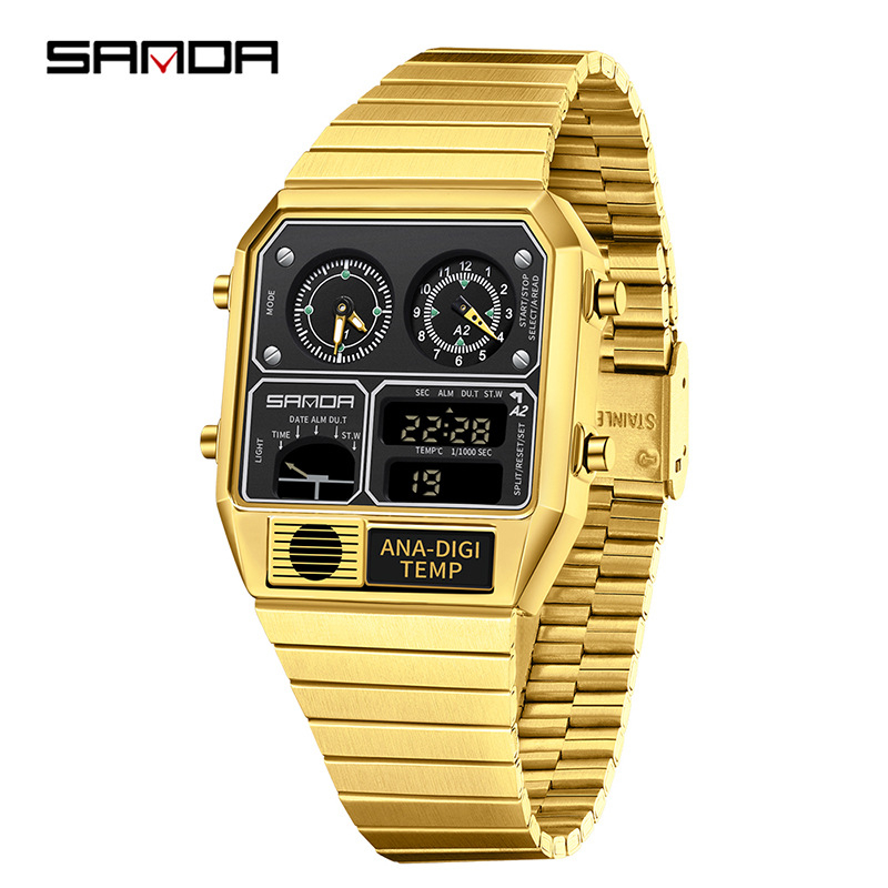 Sanda elektrooniline kell, piiriülene plahvatustermomeetri kronograaf, multifunktsionaalne meeste käekell, retro ruudukujuline veekindel meeste käekell