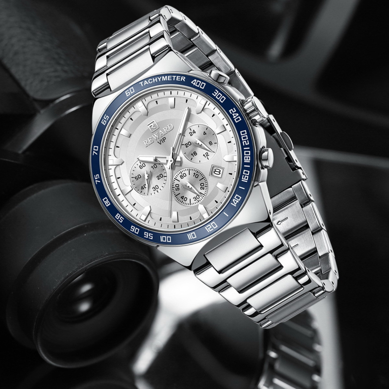 Reward multifunkcionális sport kvarc férfi karóra rozsdamentes acél szíjjal, háromszemű, hattűs időzítővel, vízálló férfi karóra