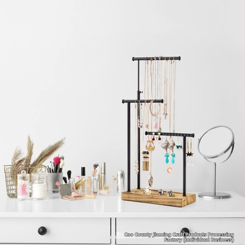 Šaltinių gamintojų medinė papuošalų lentynėlė, stalinis trijų sluoksnių karolių demonstravimo apyrankė, apyrankė, geležinė laikymo lentynėlė