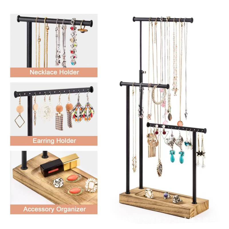 Šaltinių gamintojų medinė papuošalų lentynėlė, stalinis trijų sluoksnių karolių demonstravimo apyrankė, apyrankė, geležinė laikymo lentynėlė