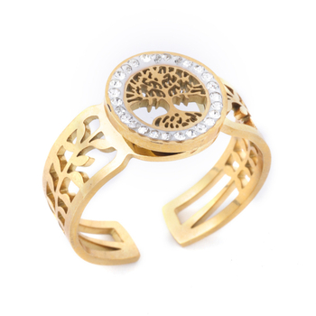 18Κ επιχρυσωμένο ανοξείδωτο ατσάλι Life Tree Hollow ρυθμιζόμενο δαχτυλίδι ανοίγματος για γυναικεία μόδα τιτανίου χάλυβα ευρωπαϊκό και αμερικανικό στυλ