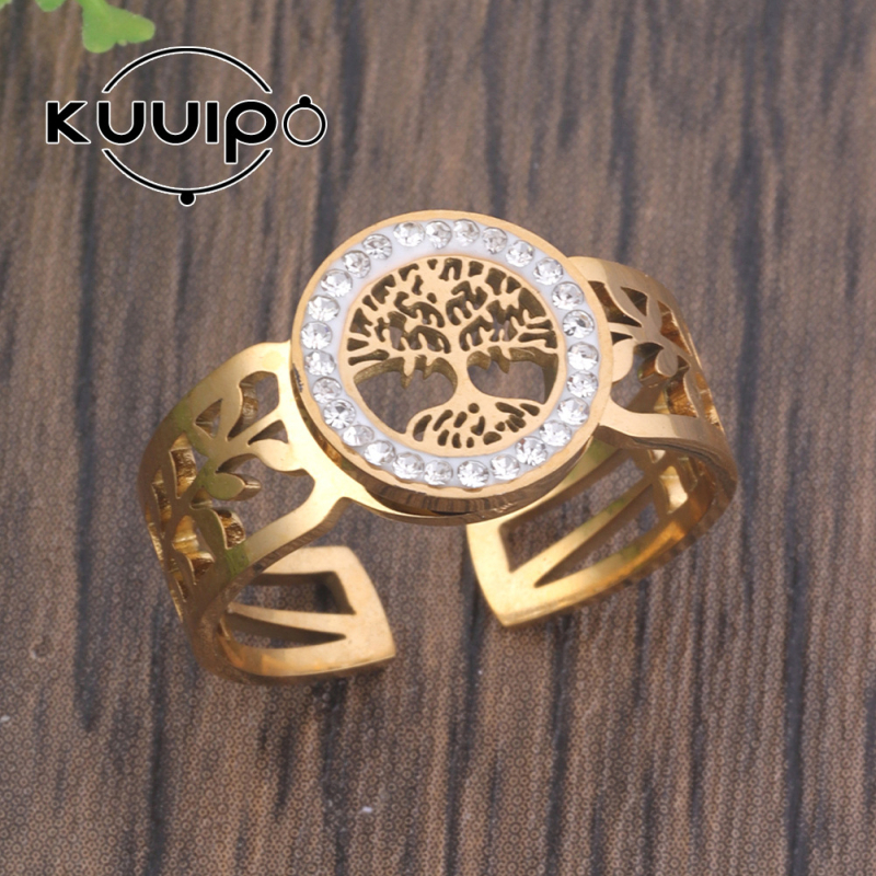 18 karátos aranyozott rozsdamentes acél életfa üreges, állítható nyitású női gyűrű, divatos titánacél, európai és amerikai stílusú